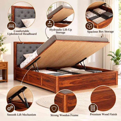 Elementra Solid Sheesham Wood Hydraulic Bed With Box Storage (Queen Size, Natural Finish)