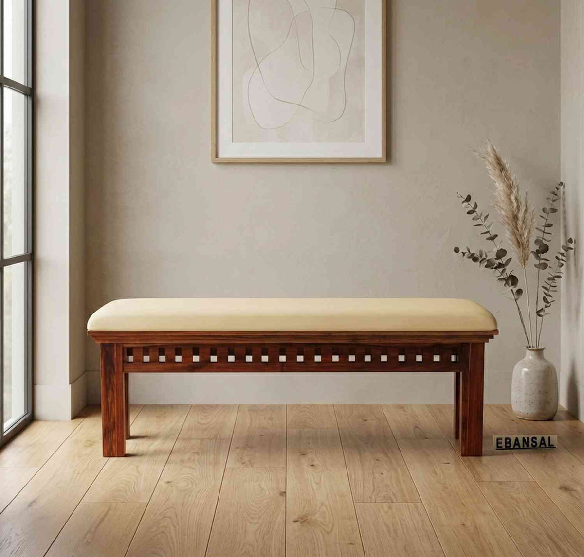 Amer Solid Sheesham Wood 2 Seater Bench (Natural Finish, With Cushion)