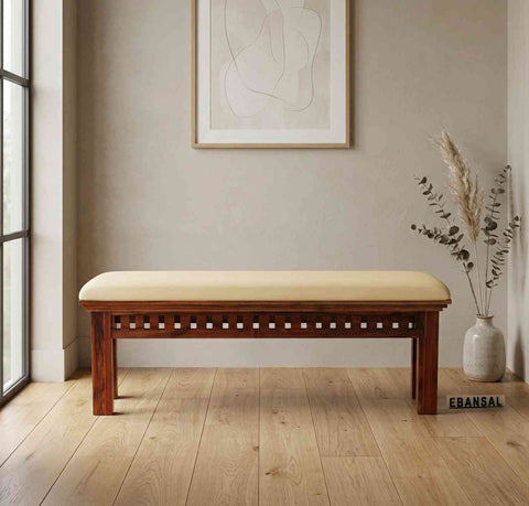 Amer Solid Sheesham Wood 2 Seater Bench (Natural Finish, With Cushion)