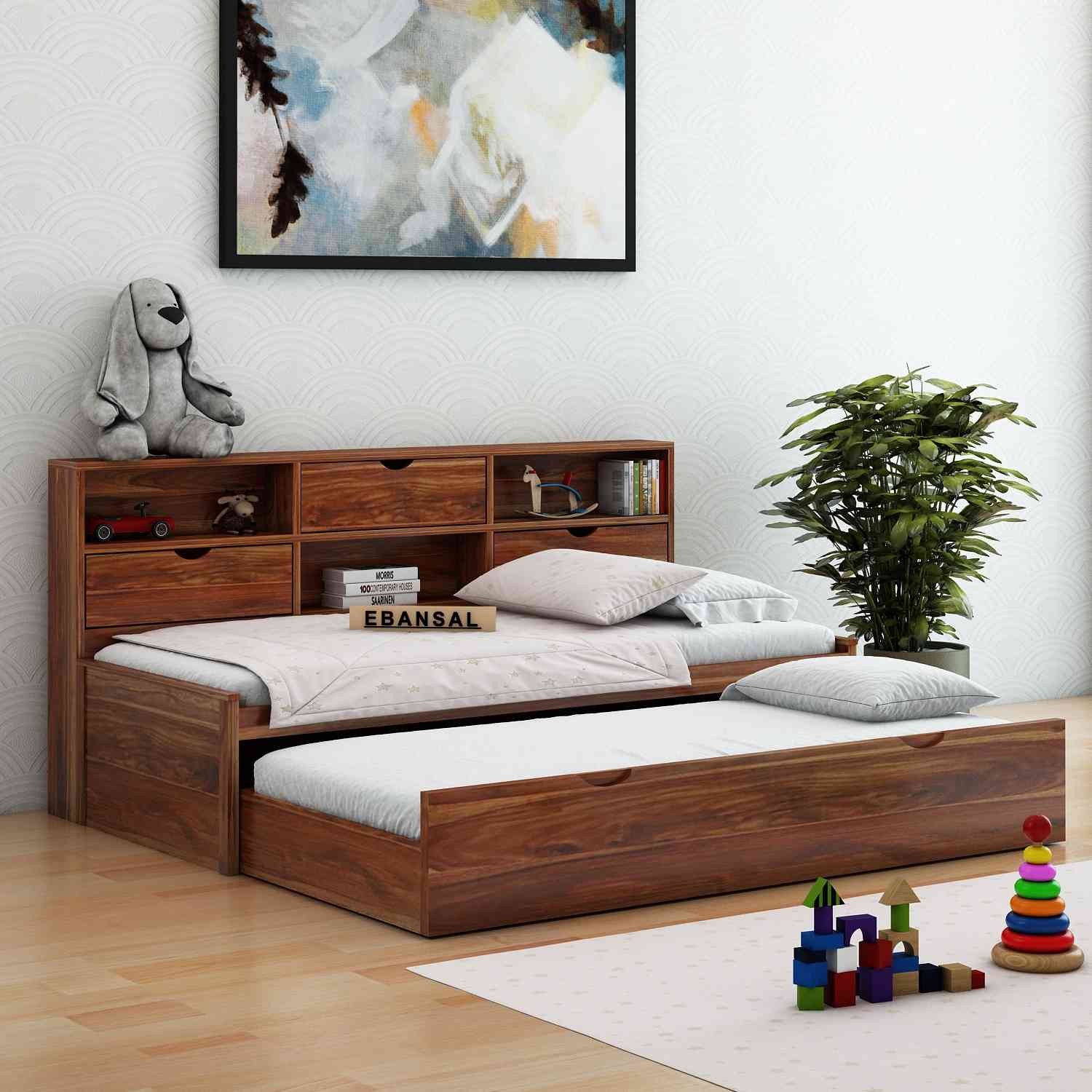 Livinn Solid Sheesham Wood Trundle Bed For Kids (With Mattress, Natural Finish)