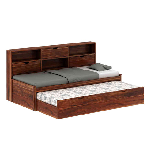 Livinn Solid Sheesham Wood Trundle Bed For Kids (With Mattress, Natural Finish)