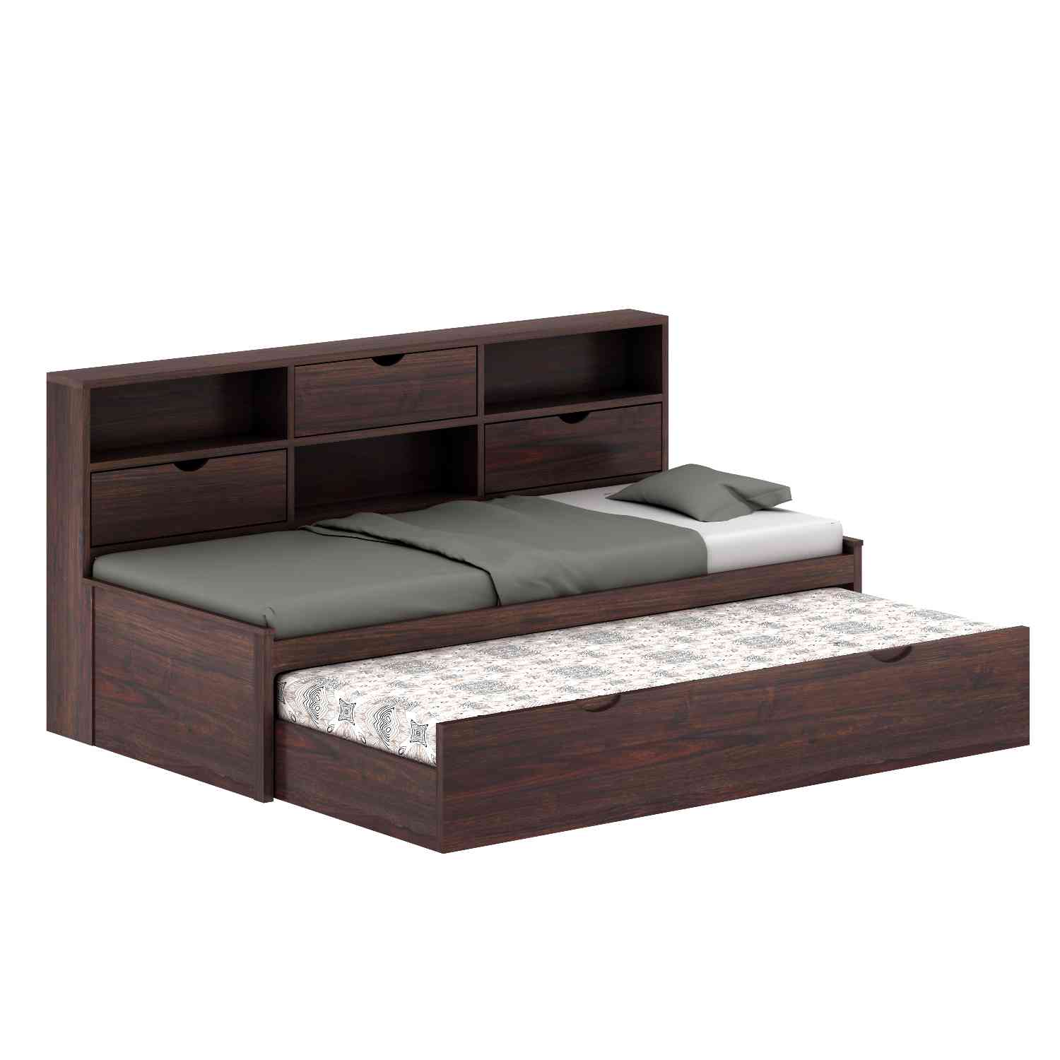 Livinn Solid Sheesham Wood Trundle Bed For Kids (With Mattress, Walnut Finish)