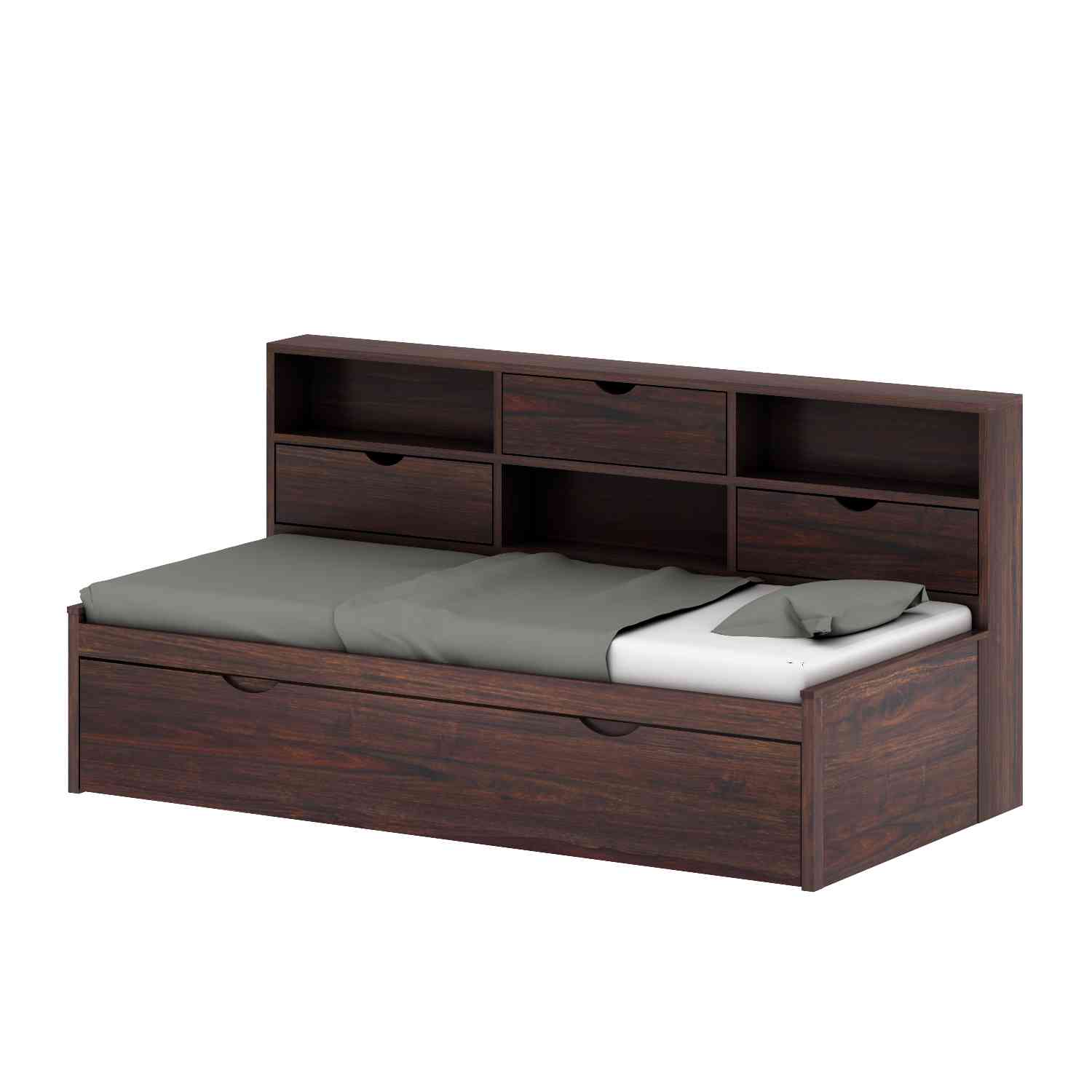 Livinn Solid Sheesham Wood Trundle Bed For Kids (Without Mattress, Walnut Finish)