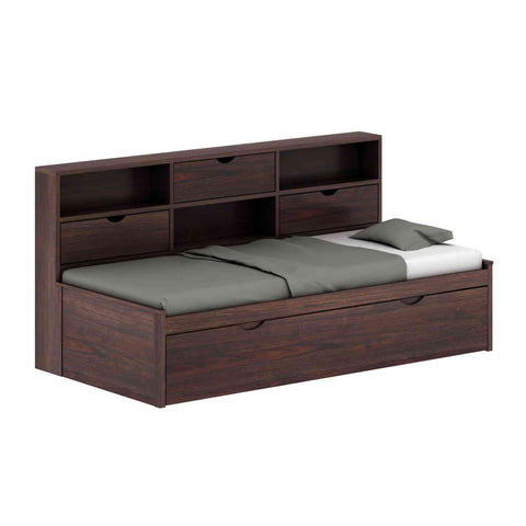 Livinn Solid Sheesham Wood Trundle Bed For Kids (Without Mattress, Walnut Finish)