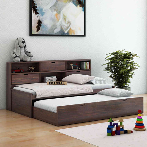 Livinn Solid Sheesham Wood Trundle Bed For Kids (With Mattress, Walnut Finish)