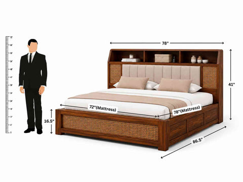 Canejoy Solid Sheesham Wood Bed With Box Storage (King Size, Natural Finish)