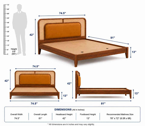 Canejoy Solid Sheesham Wood Bed Without Storage Low Height (King Size, Natural Finish)