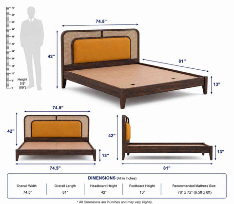 Canejoy Solid Sheesham Wood Bed Without Storage Low Height (King Size, Walnut Finish)