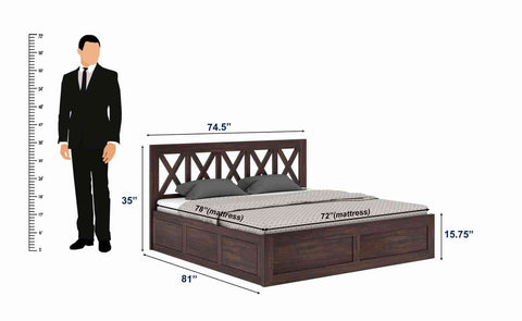 Moon Solid Sheesham Wood Bed With Box Storage (King Size, Walnut Finish)