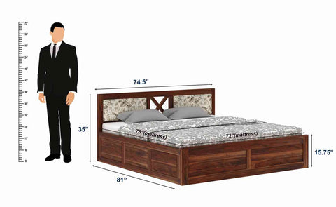Moon Solid Sheesham Wood Box Storage Bed With Cushioned Headboard (King Size, Natural Finish)