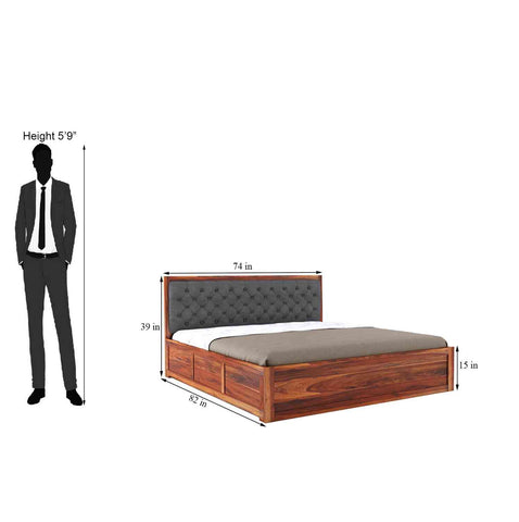 Elementra Solid Sheesham Wood Hydraulic Bed With Box Storage (King Size, Natural Finish)