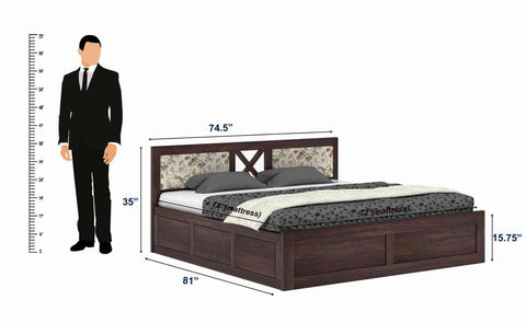 Moon Solid Sheesham Wood Hydraulic Bed With Cushioned Headboard (King Size, Walnut Finish)