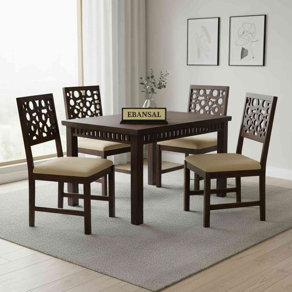 Rubikk Solid Sheesham Wood 4 Seater Dining Set (With Cushion, Walnut Finish)