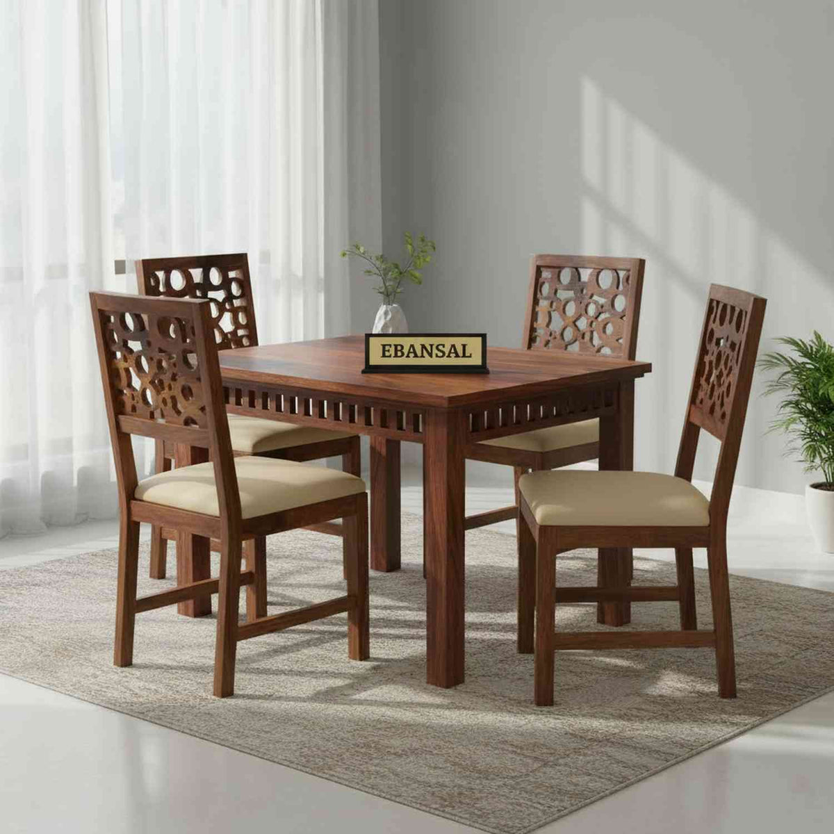 Rubikk Solid Sheesham Wood 4 Seater Dining Set (With Cushion, Natural Finish)