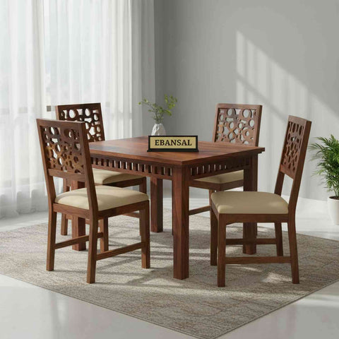 Rubikk Solid Sheesham Wood 4 Seater Dining Set (With Cushion, Natural Finish)