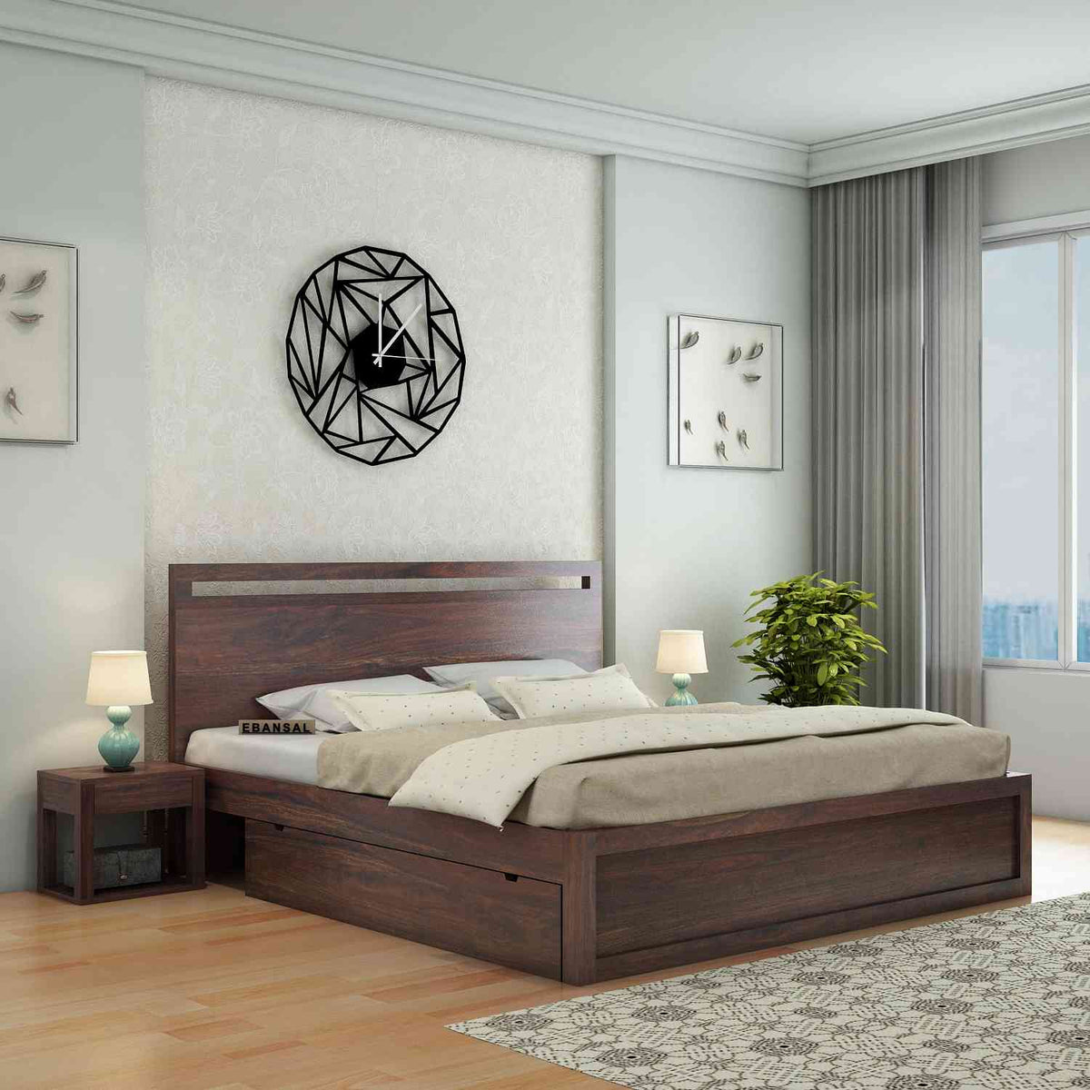 Livinn Solid Sheesham Wood Bed With Two Drawers (King Size, Walnut Finish)
