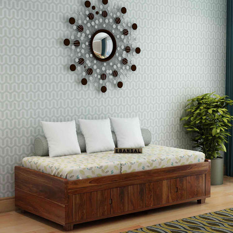 Livinn Solid Sheesham Wood Single Bed Cum Day Bed With Door Storage (With Mattress, Natural Finish)