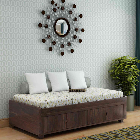 Livinn Solid Sheesham Wood Single Bed Cum Day Bed With Door Storage (With Mattress, Walnut Finish)