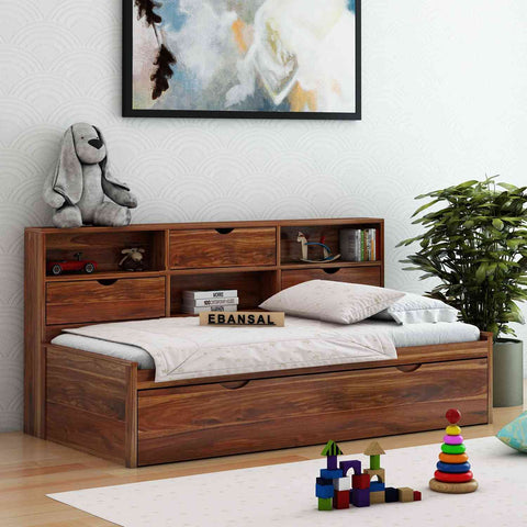 Livinn Solid Sheesham Wood Trundle Bed For Kids (With Mattress, Natural Finish)
