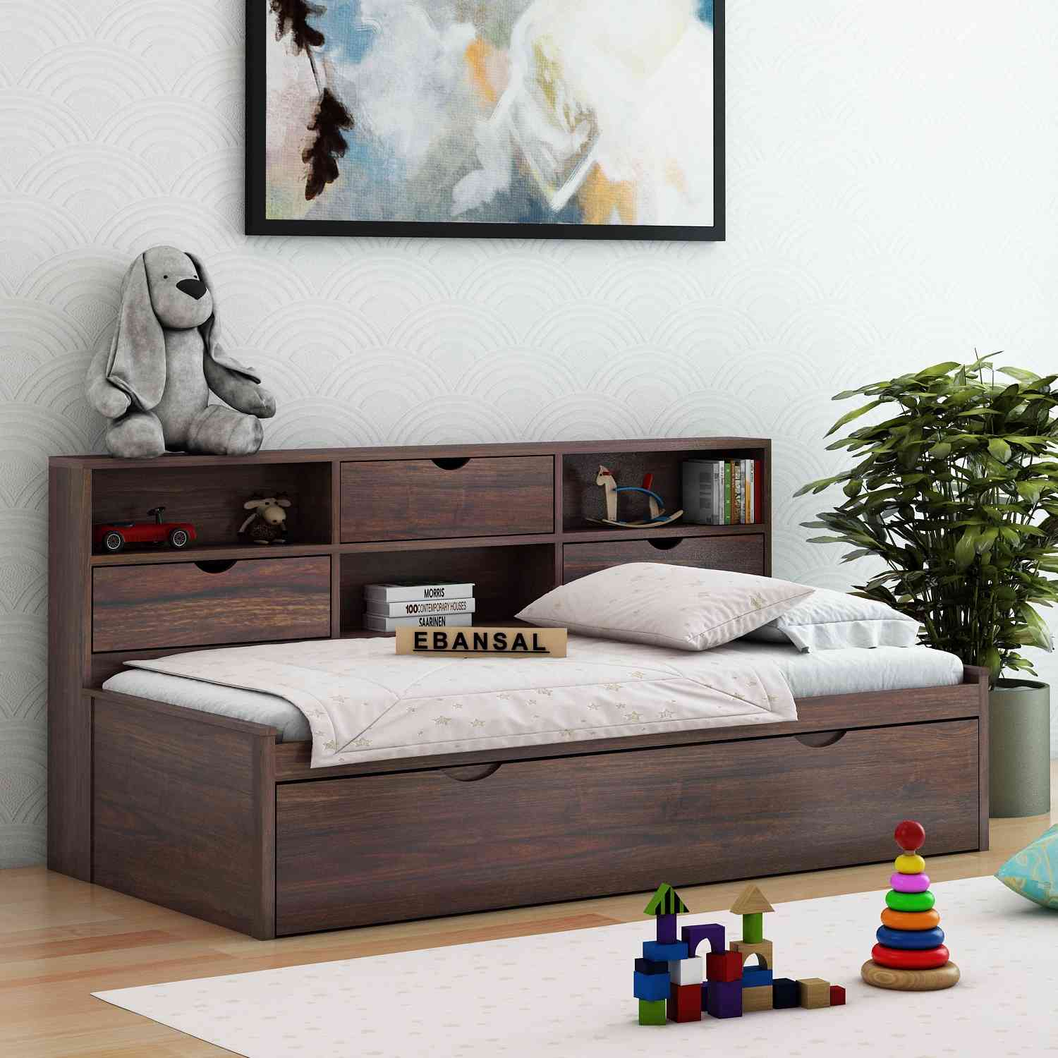Livinn Solid Sheesham Wood Trundle Bed For Kids (Without Mattress, Walnut Finish)
