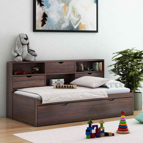 Livinn Solid Sheesham Wood Trundle Bed For Kids (Without Mattress, Walnut Finish)