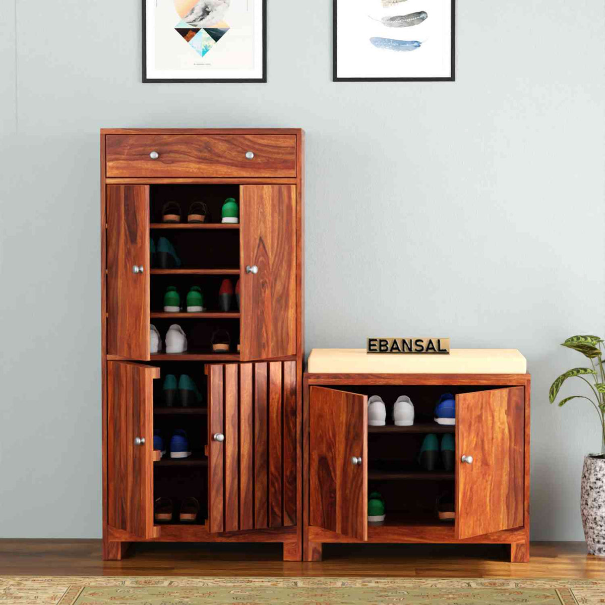 Lumin Solid Sheesham Wood Shoe Rack With Cushioned Seat (Natural Finish)