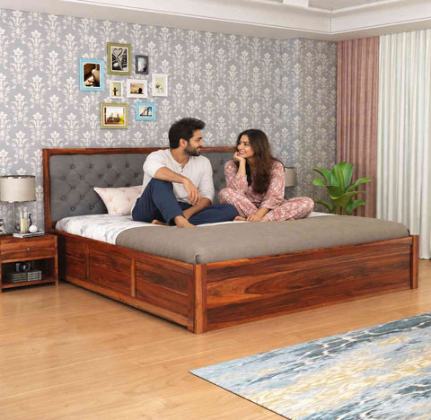 Elementra Solid Sheesham Wood Hydraulic Bed With Box Storage (Queen Size, Natural Finish)