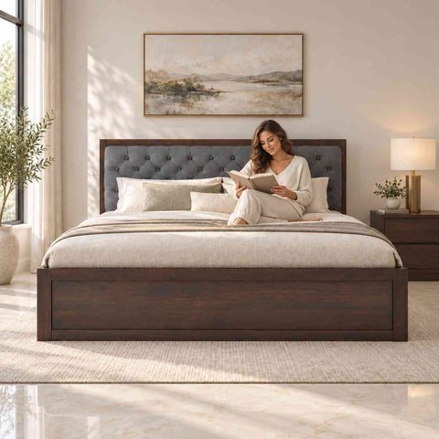 Elementra Solid Sheesham Wood Hydraulic Bed With Box Storage (King Size, Walnut Finish)