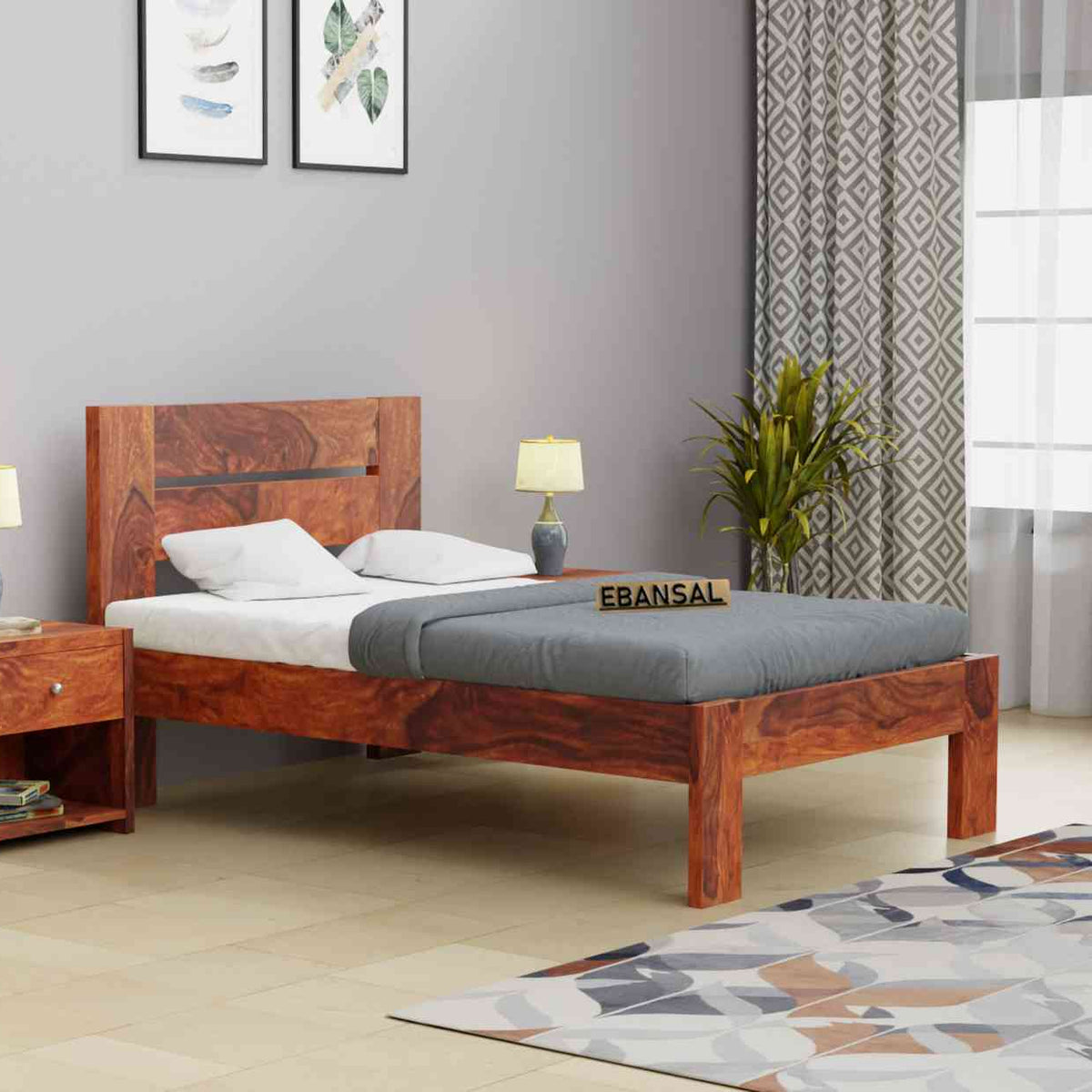 Maria Solid Sheesham Wood Single Bed Without Storage (Natural Finish)