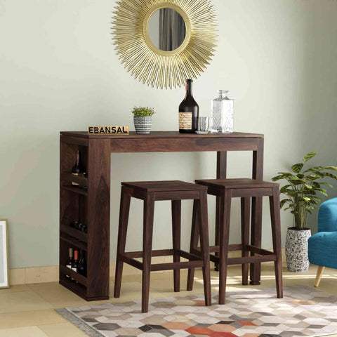 Maurice Solid Sheesham Wood Bar Cabinet With 2 Stools (Walnut Finish)