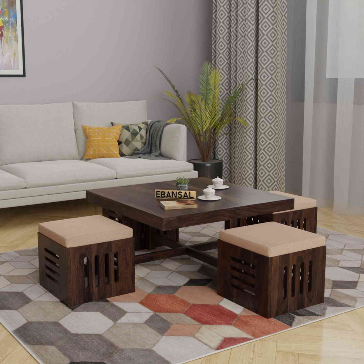Mobell Solid Sheesham Wood Coffee Table Set With Four Cushioned Stools (Capsule, Walnut Finish)