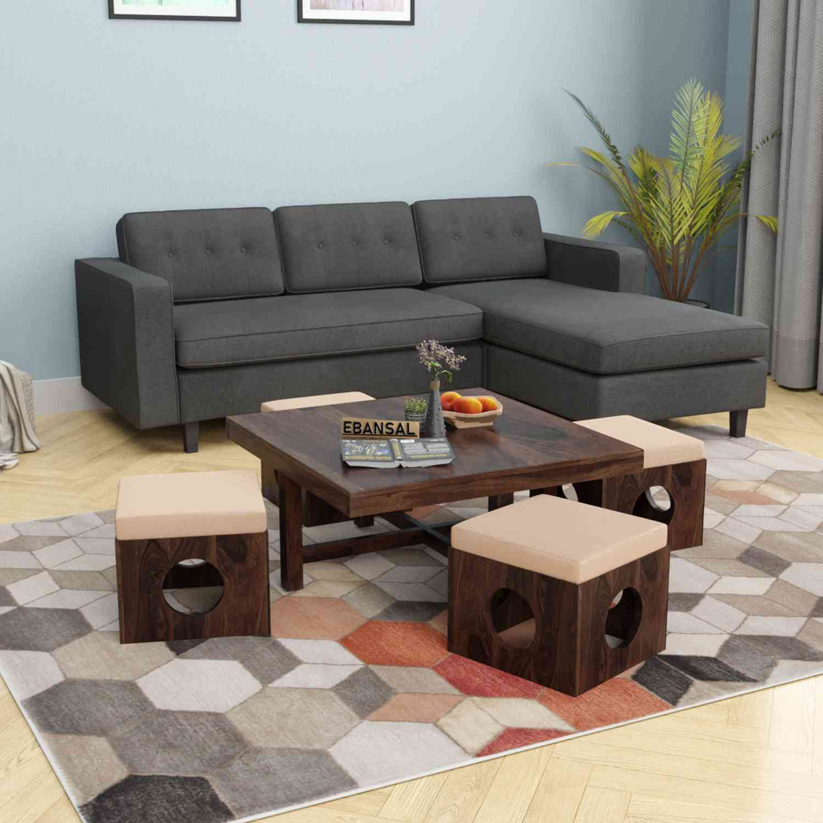 Mobell Solid Sheesham Wood Coffee Table Set With Four Cushioned Stools (Round, Walnut Finish)