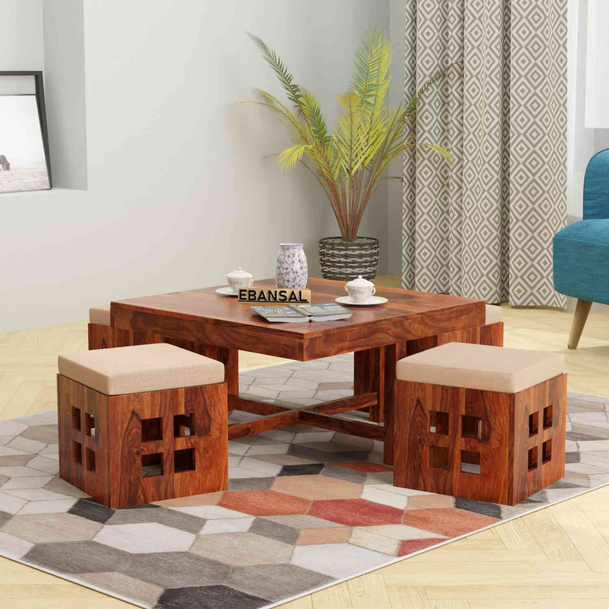 Mobell Solid Sheesham Wood Coffee Table Set With Four Cushioned Stools (Square, Natural Finish)