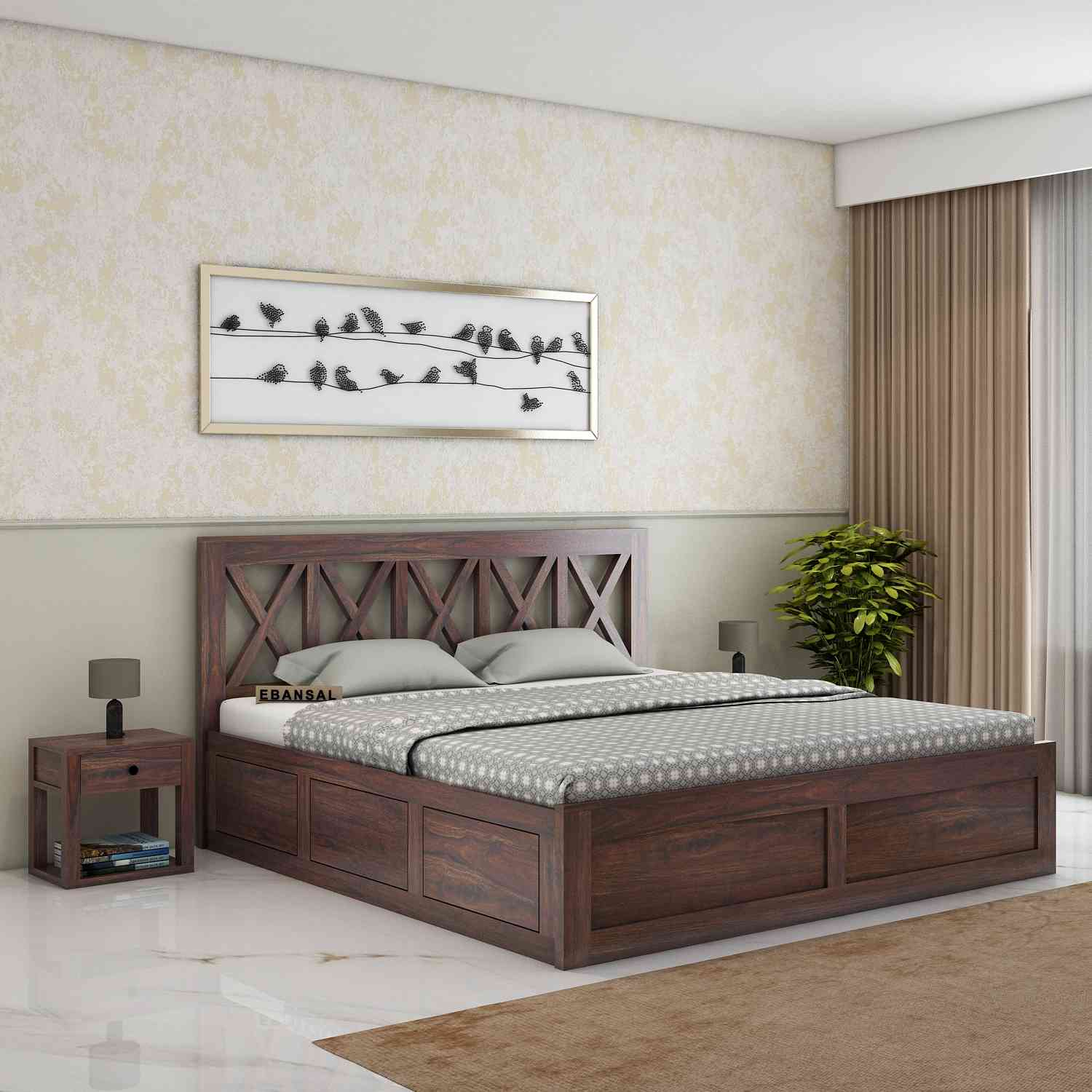 Moon Solid Sheesham Wood Bed With Box Storage (King Size, Walnut Finish)