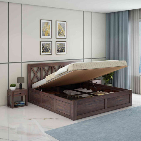 Moon Solid Sheesham Wood Hydraulic Bed With Box Storage (Queen Size, Walnut Finish)