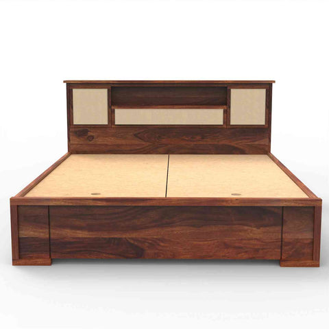 Feelinn Solid Sheesham Wood Bed With Box Storage (Queen Size, Natural Finish)