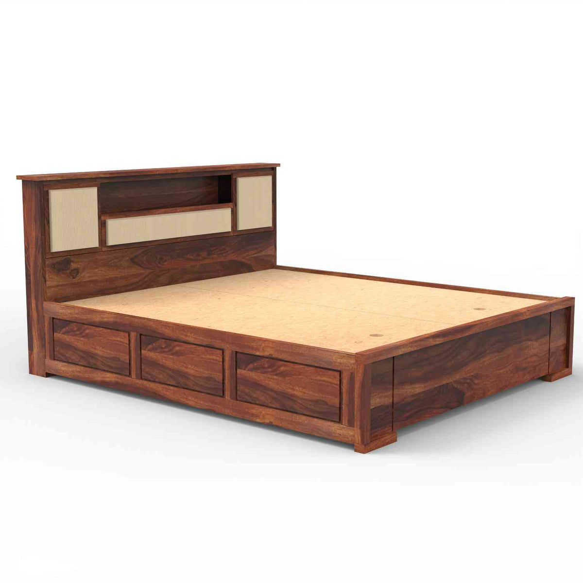 Feelinn Solid Sheesham Wood Bed With Box Storage (Queen Size, Natural Finish)