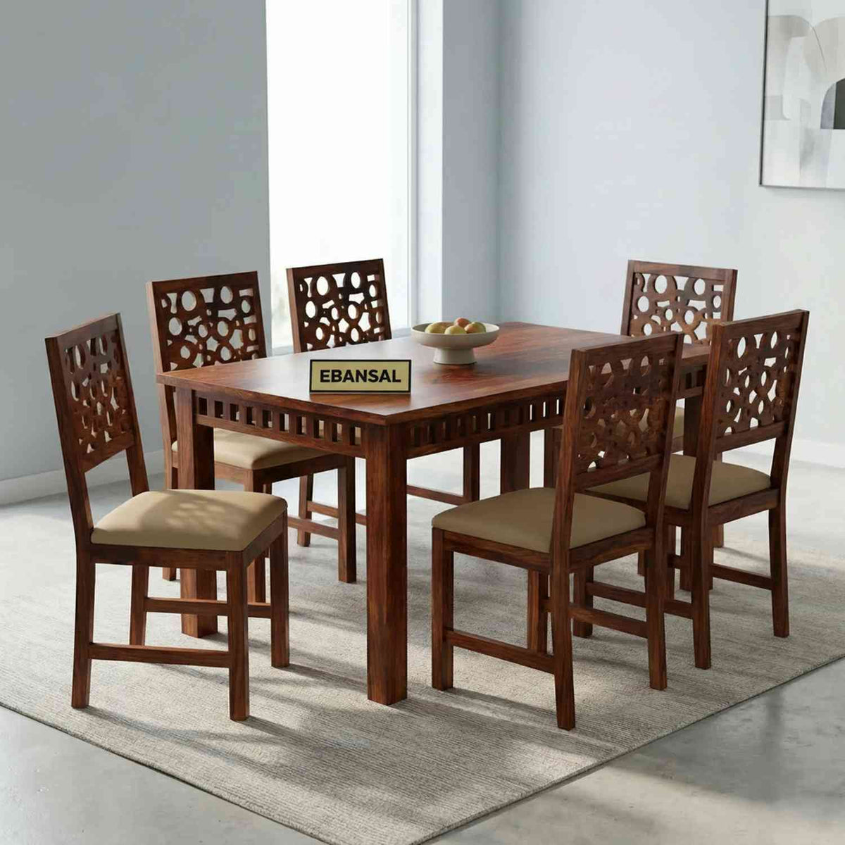 Rubikk Solid Sheesham Wood 6 Seater Dining Set (With Cushion, Natural Finish)