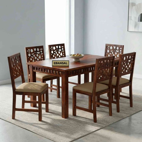 Rubikk Solid Sheesham Wood 6 Seater Dining Set (With Cushion, Natural Finish)