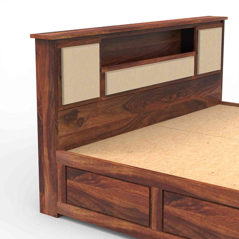 Feelinn Solid Sheesham Wood Bed With Box Storage (Queen Size, Natural Finish)