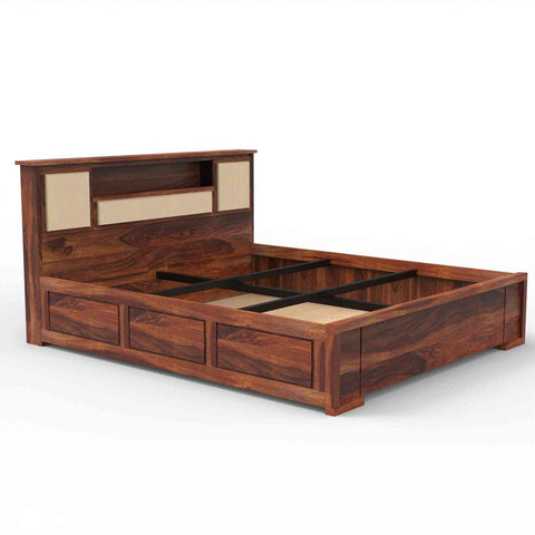 Feelinn Solid Sheesham Wood Bed With Box Storage (Queen Size, Natural Finish)