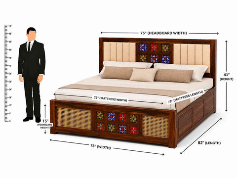 Canejoy Solid Sheesham Wood Bed With Box Storage With Cushion (King Size, Natural Finish)