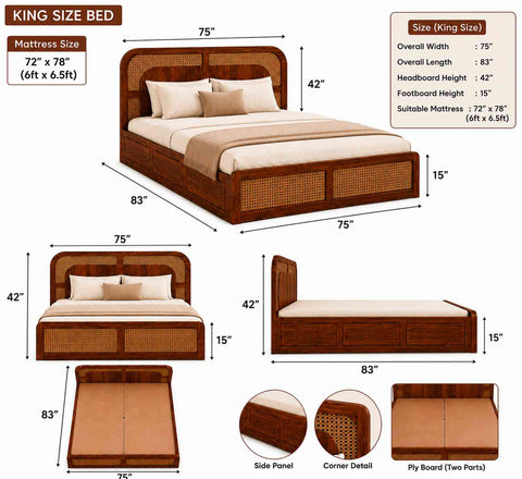 Canejoy Solid Sheesham Wood Bed With Manual Box Storage (King Size, Natural Finish)