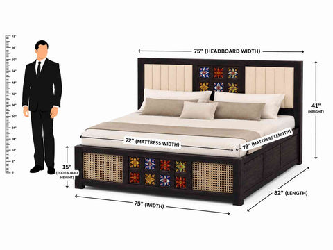 Canejoy Solid Sheesham Wood Bed With Box Storage With Cushion (King Size, Walnut Finish)