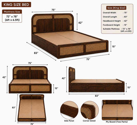 Canejoy Solid Sheesham Wood Bed With Manual Box Storage (King Size, Walnut Finish)