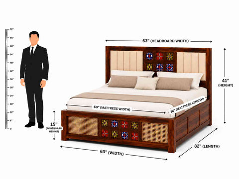 Canejoy Solid Sheesham Wood Bed With Box Storage With Cushion (Queen Size, Natural Finish)
