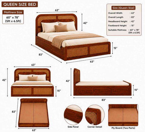 Canejoy Solid Sheesham Wood Bed With Manual Box Storage (Queen Size, Natural Finish)