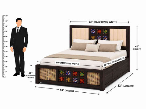 Canejoy Solid Sheesham Wood Hydraulic Bed With Box Storage With Cushion (Queen Size, Walnut Finish)
