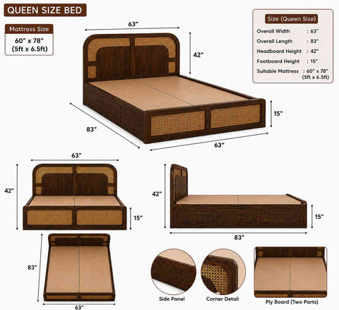 Canejoy Solid Sheesham Wood Bed With Manual Box Storage (Queen Size, Walnut Finish)