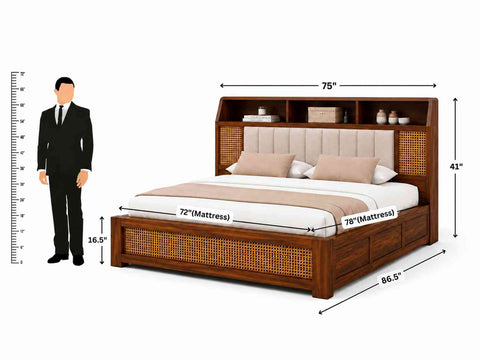 Canejoy Solid Sheesham Wood Bed With Box Storage (King Size, Natural Finish)